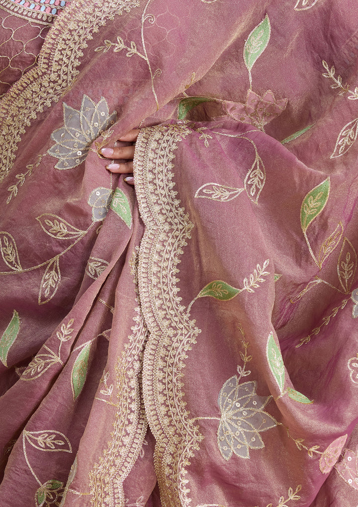 Onion Pink Tissue Gold Zariwork Saree With Matching Blouse Piece
