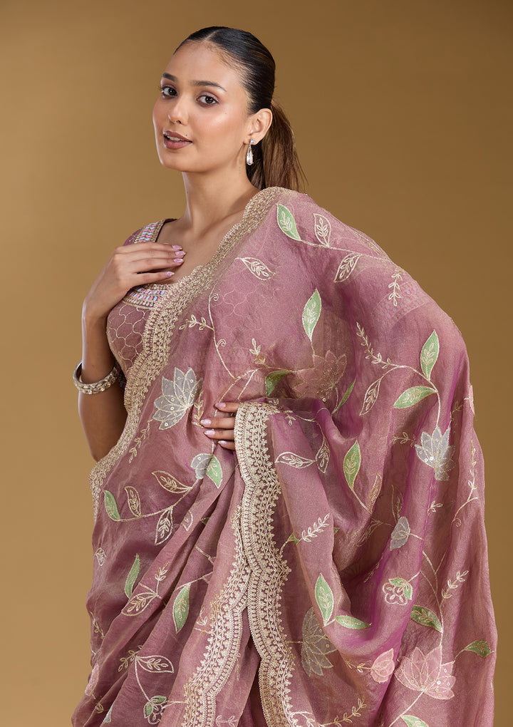 Onion Pink Tissue Gold Zariwork Saree With Matching Blouse Piece