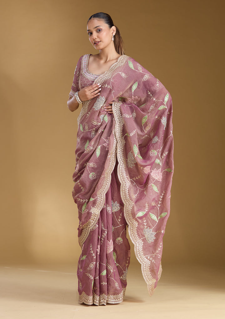 Onion Pink Tissue Gold Zariwork Saree With Matching Blouse Piece
