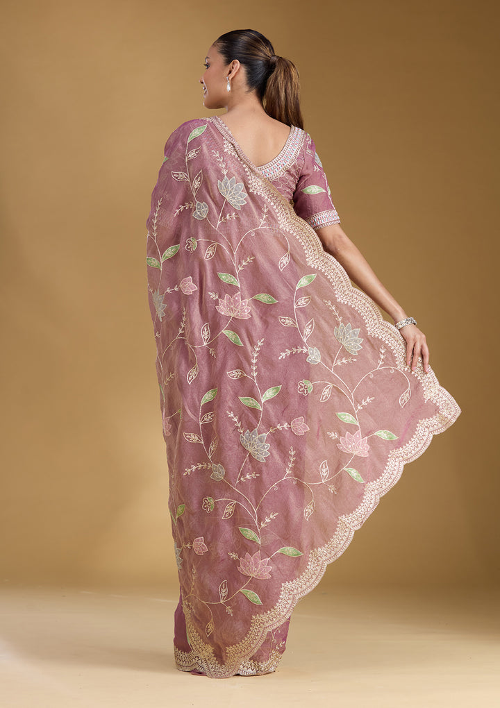 Onion Pink Tissue Gold Zariwork Saree With Matching Blouse Piece
