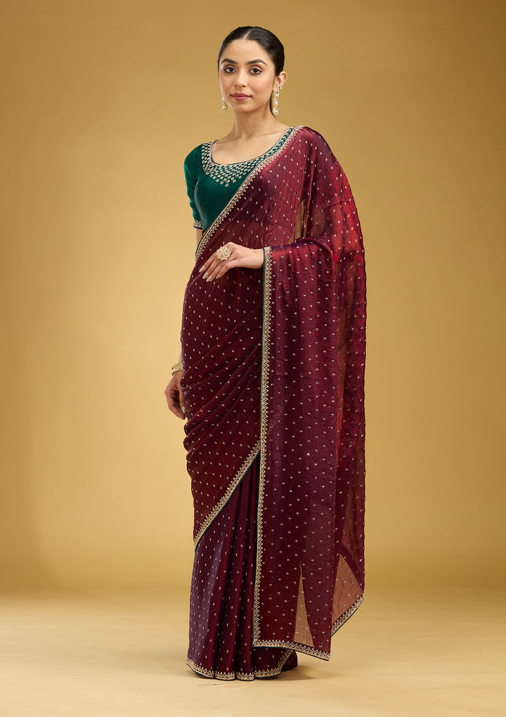 Maroon Tissue Gold Stonework Saree With Matching Blouse Piece