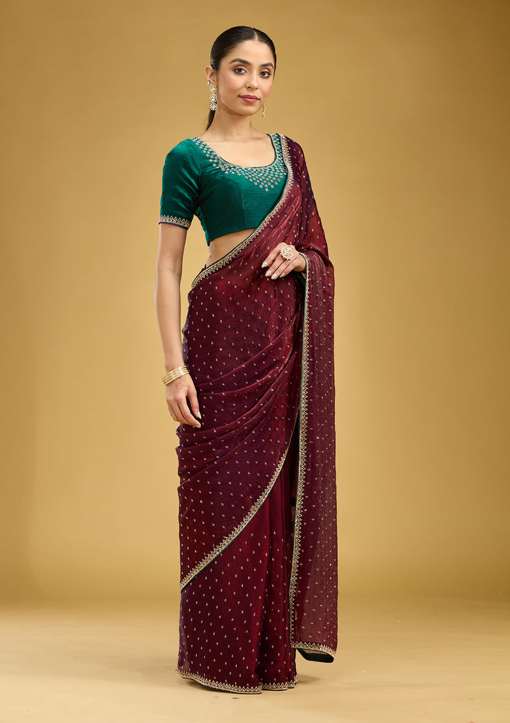 Maroon Tissue Gold Stonework Saree With Matching Blouse Piece