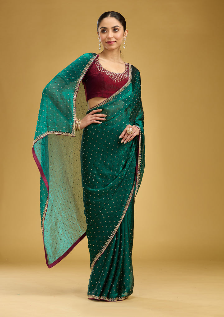 Peacock Green Stonework (Gold) Tissue Saree