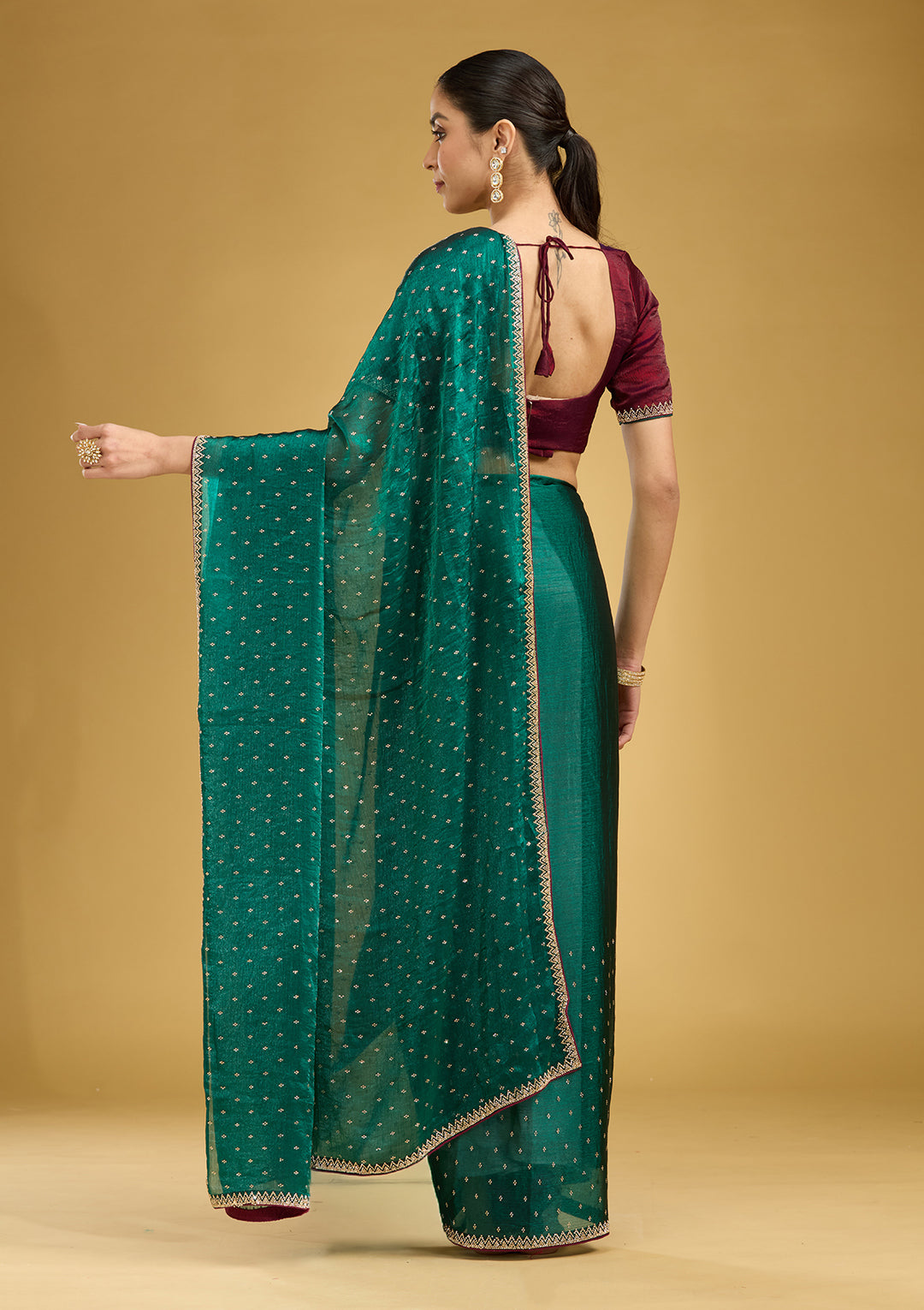 Peacock Green Stonework (Gold) Tissue Saree