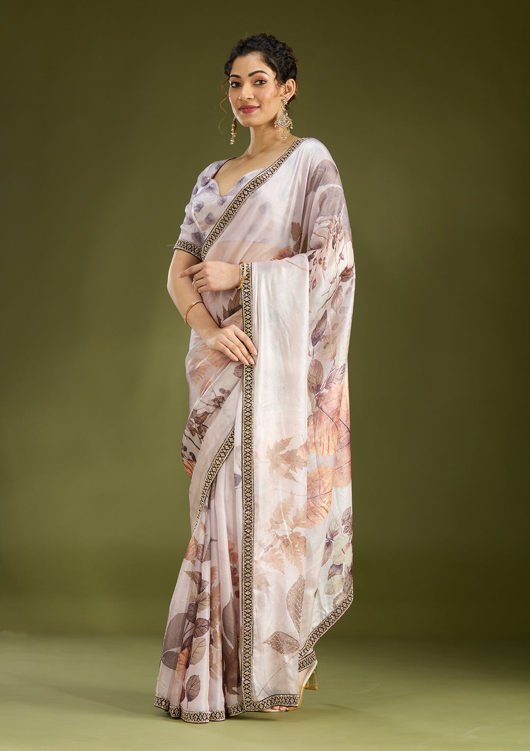 Baby Pink Stonework (Gold) Chiffon Saree