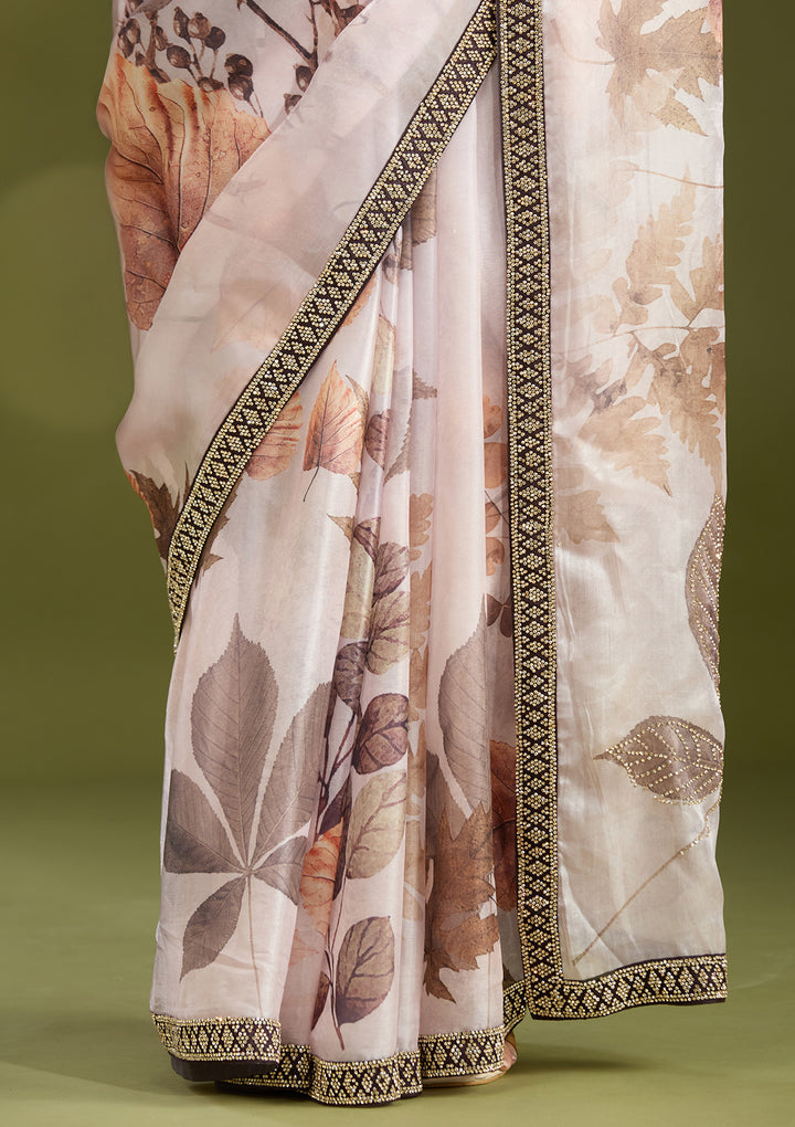 Baby Pink Stonework (Gold) Chiffon Saree