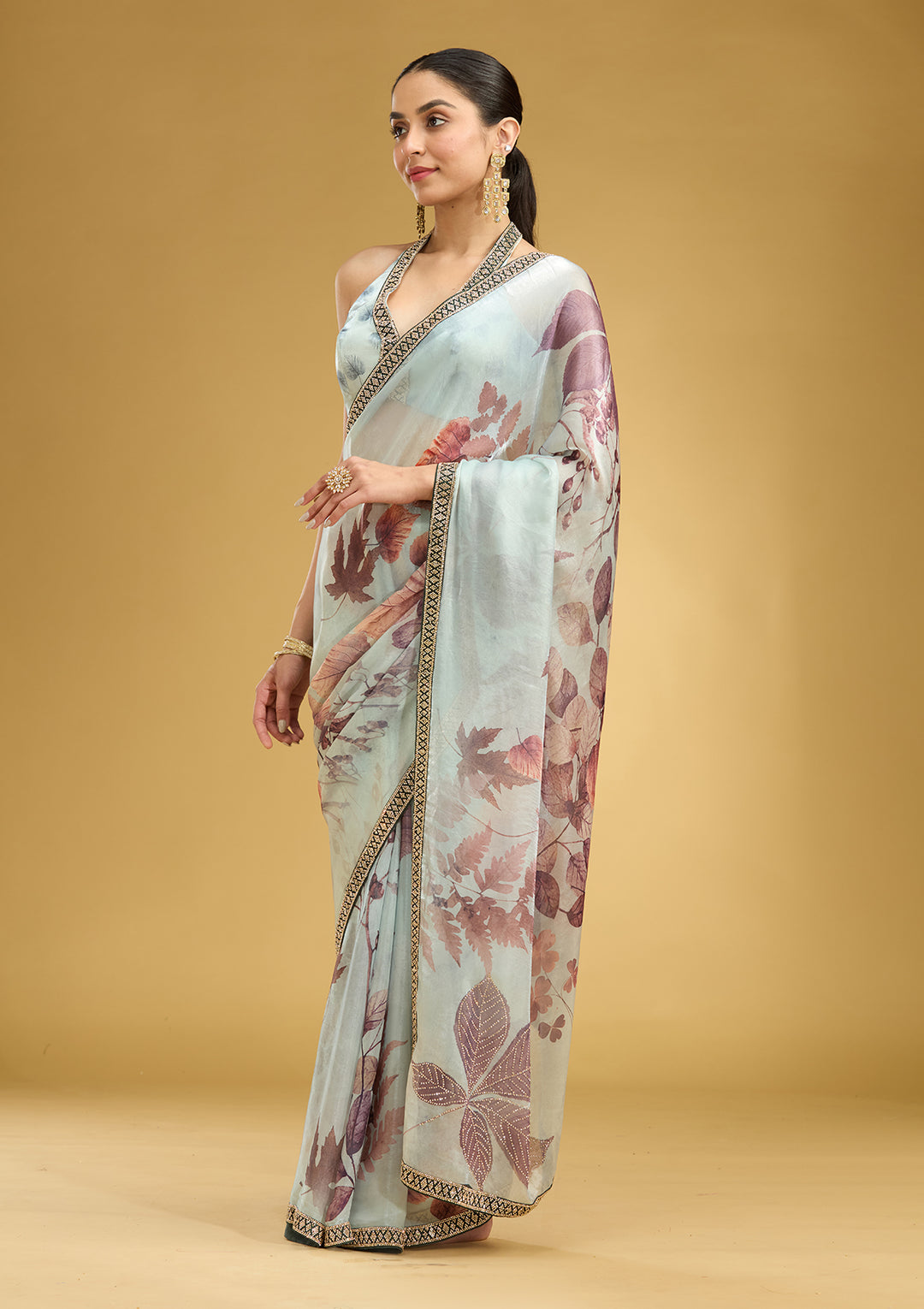 Sky Blue Stonework (Gold) Chiffon Saree
