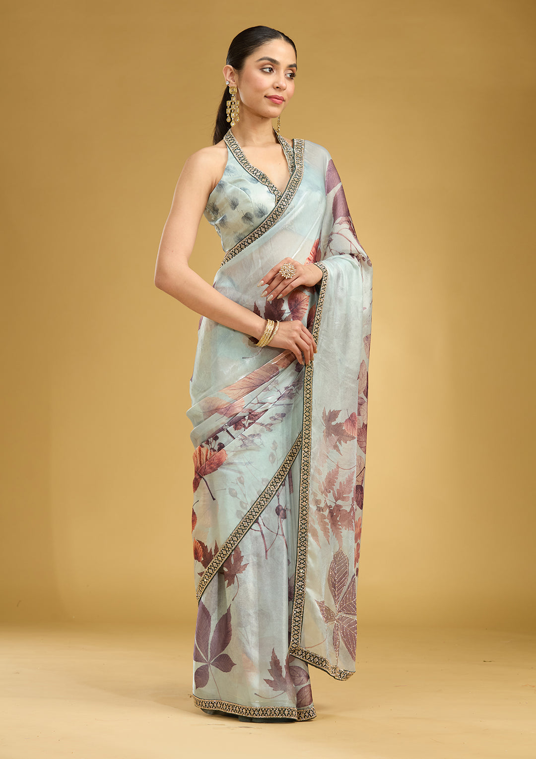 Sky Blue Stonework (Gold) Chiffon Saree