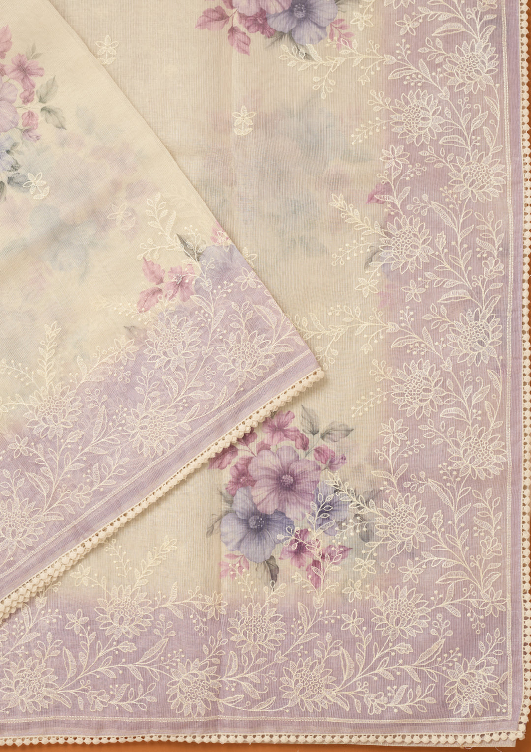 Beige Chanderi Threadwork Saree With Matching Blouse Piece