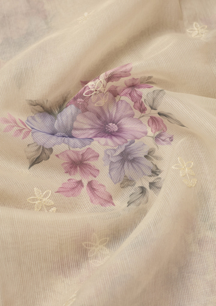 Beige Chanderi Threadwork Saree With Matching Blouse Piece