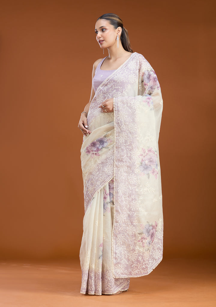 Beige Chanderi Threadwork Saree With Matching Blouse Piece