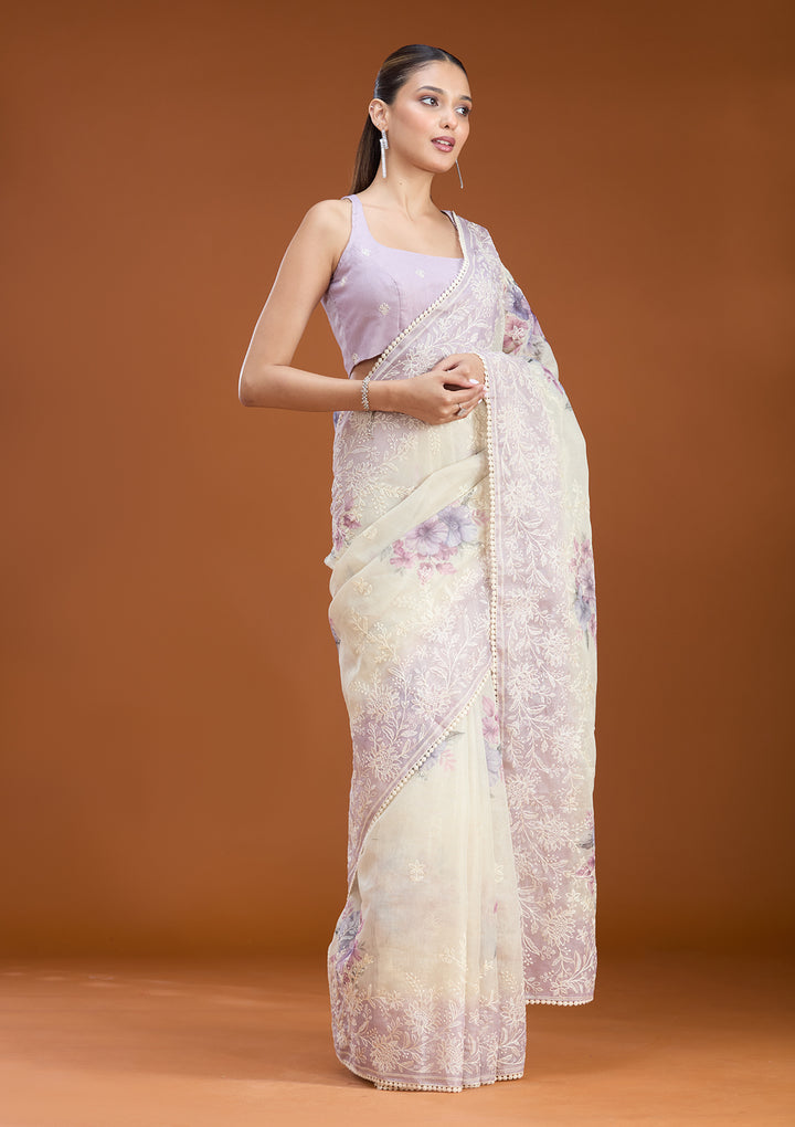 Beige Chanderi Threadwork Saree With Matching Blouse Piece