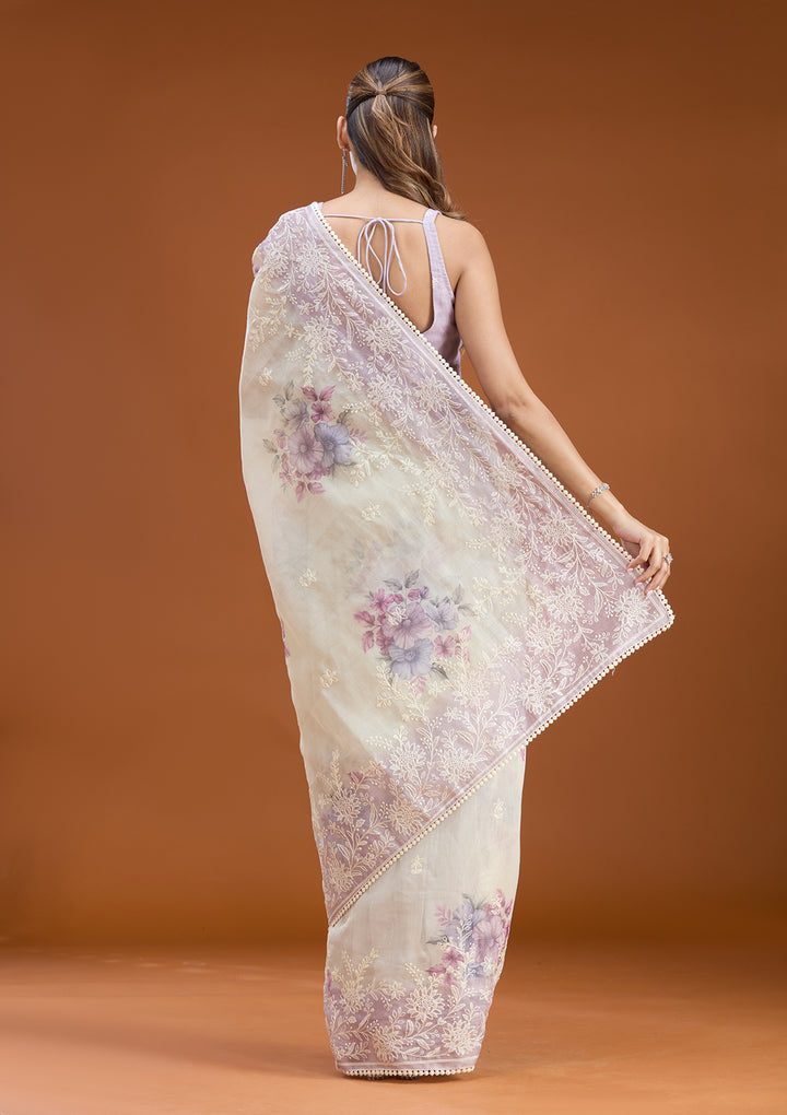 Beige Chanderi Threadwork Saree With Matching Blouse Piece
