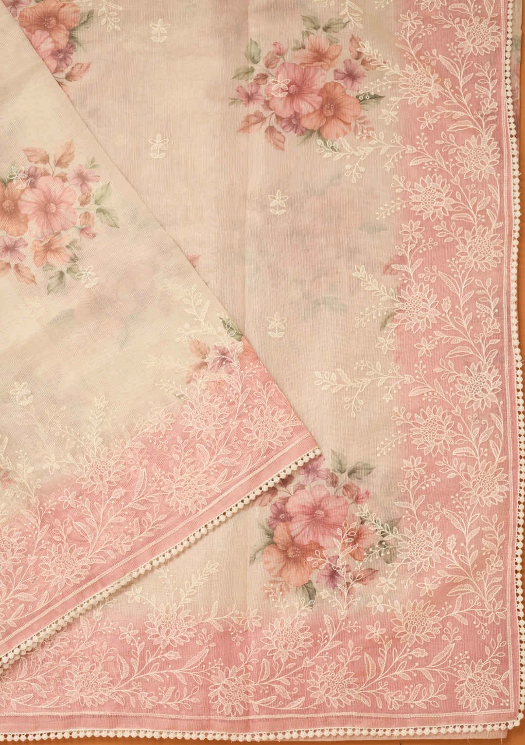 Beige Chanderi Threadwork Saree With Matching Blouse Piece