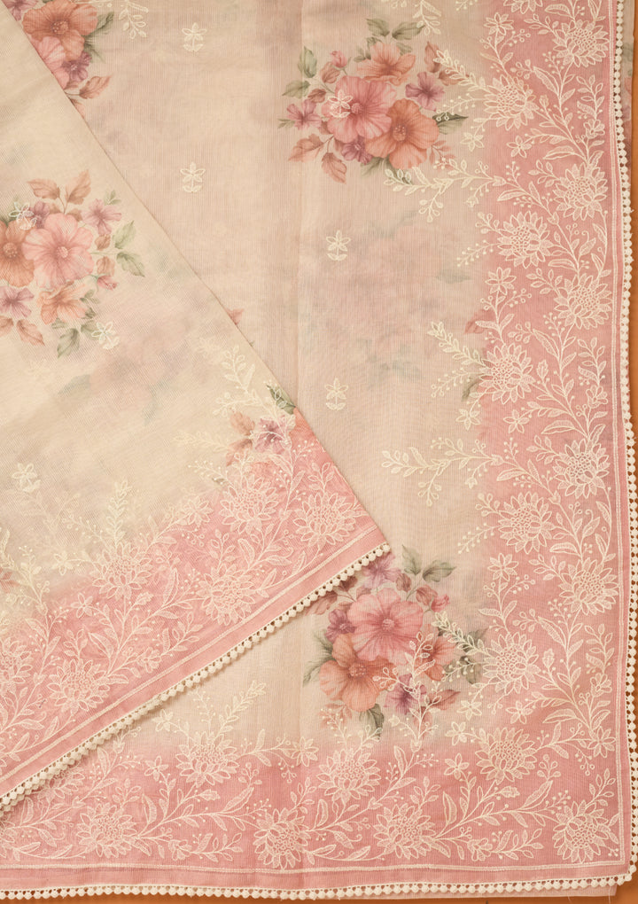 Beige Chanderi Threadwork Saree With Matching Blouse Piece