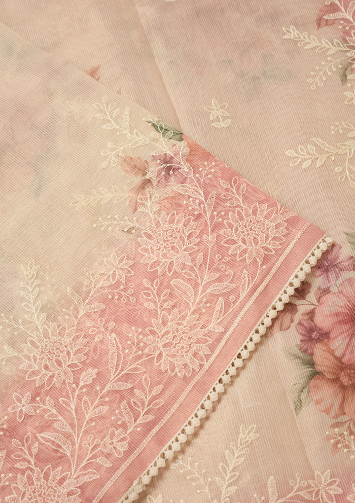 Beige Chanderi Threadwork Saree With Matching Blouse Piece
