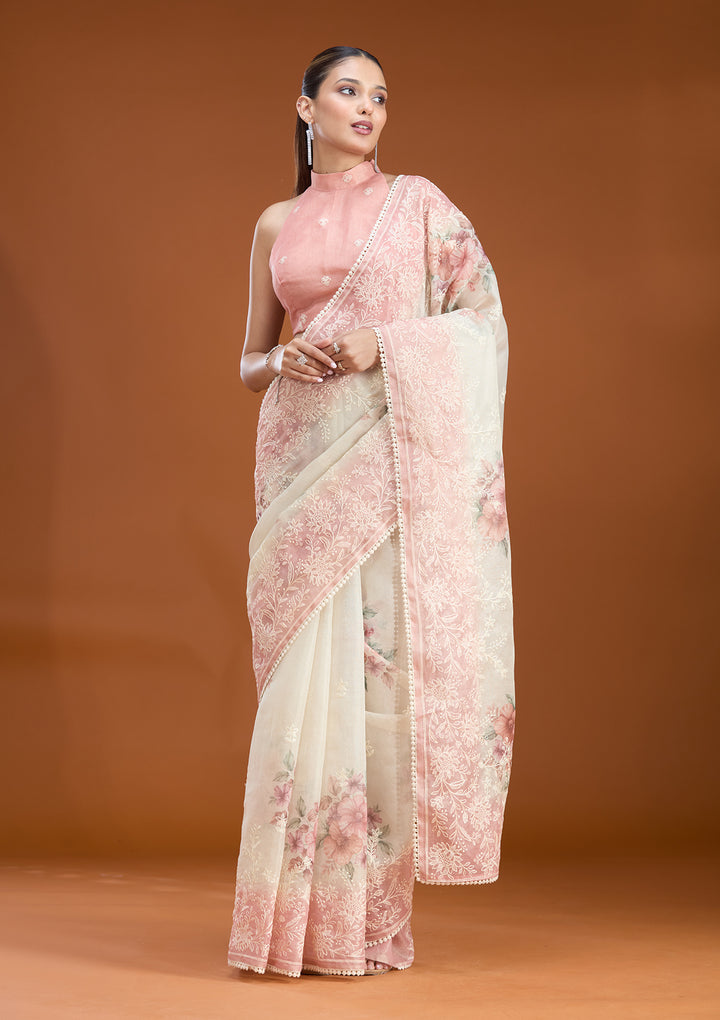 Beige Chanderi Threadwork Saree With Matching Blouse Piece