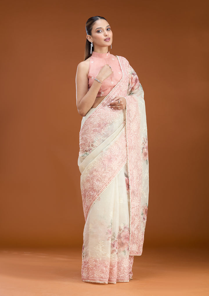 Beige Chanderi Threadwork Saree With Matching Blouse Piece