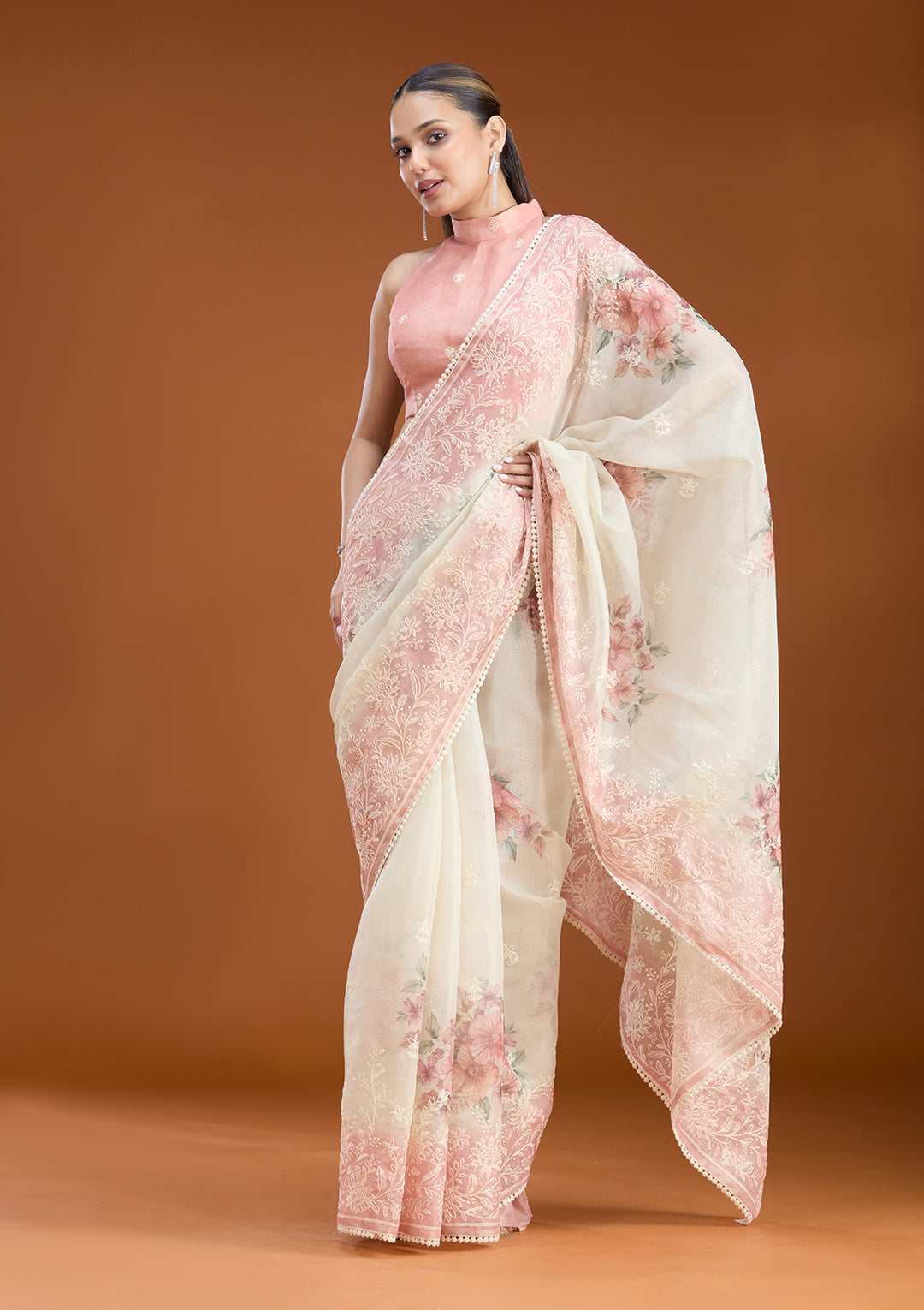 Beige Chanderi Threadwork Saree With Matching Blouse Piece