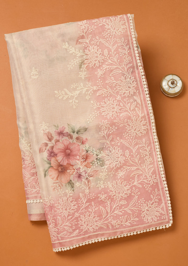 Beige Chanderi Threadwork Saree With Matching Blouse Piece