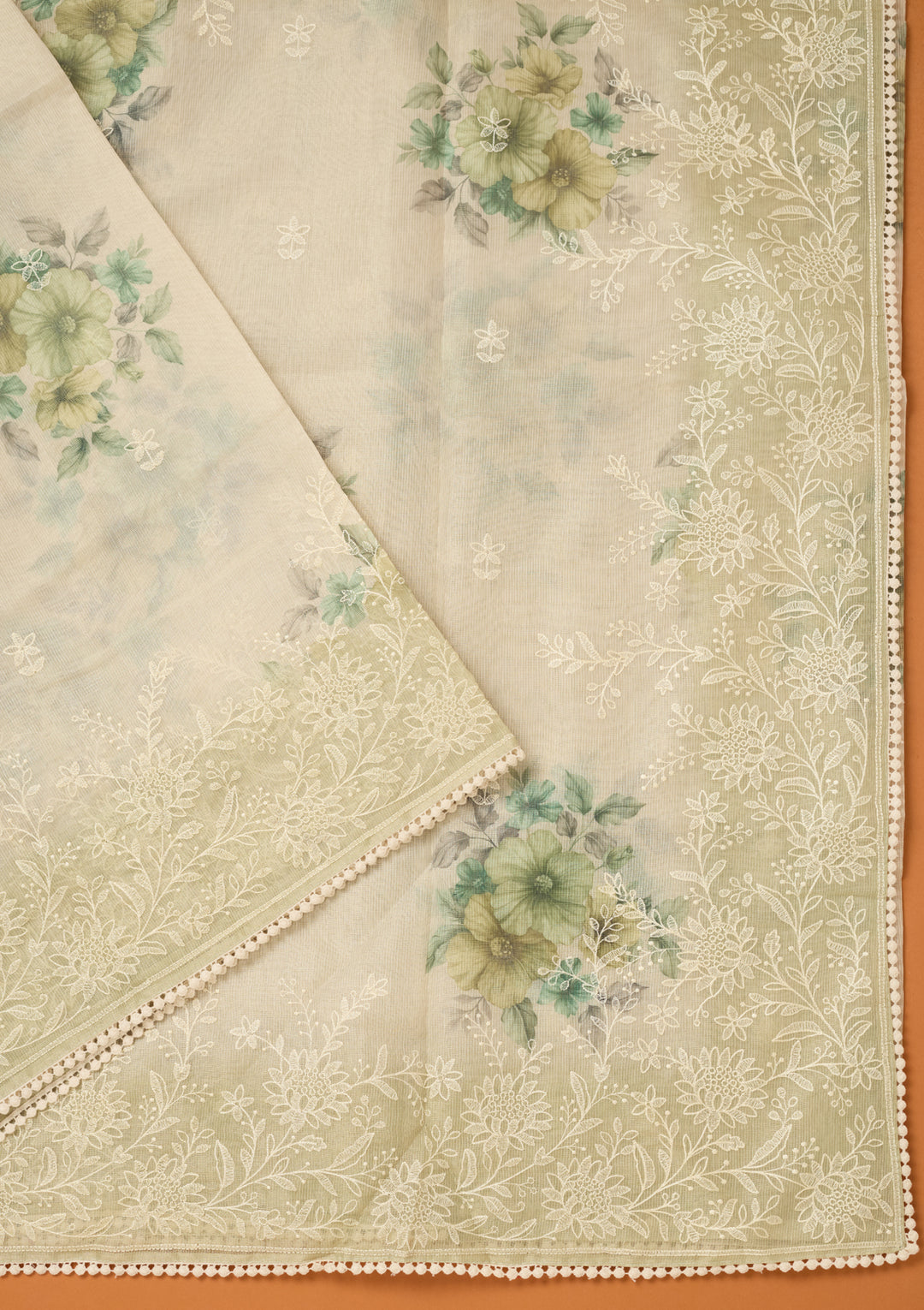 Beige Chanderi Threadwork Saree With Matching Blouse Piece