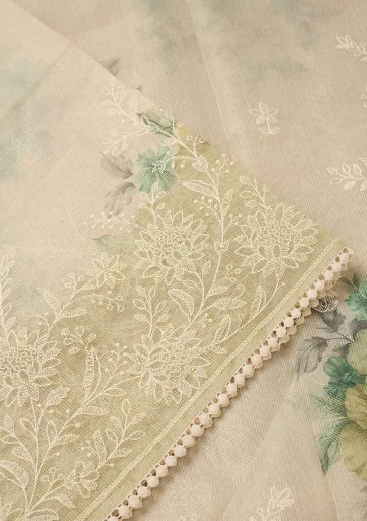 Beige Chanderi Threadwork Saree With Matching Blouse Piece