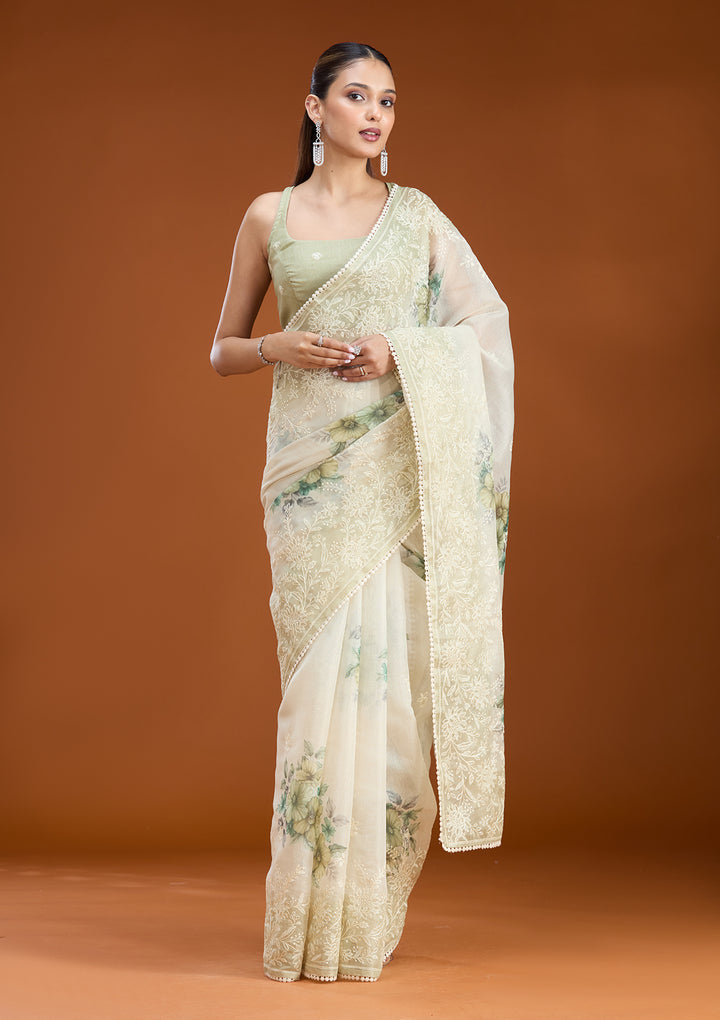 Beige Chanderi Threadwork Saree With Matching Blouse Piece