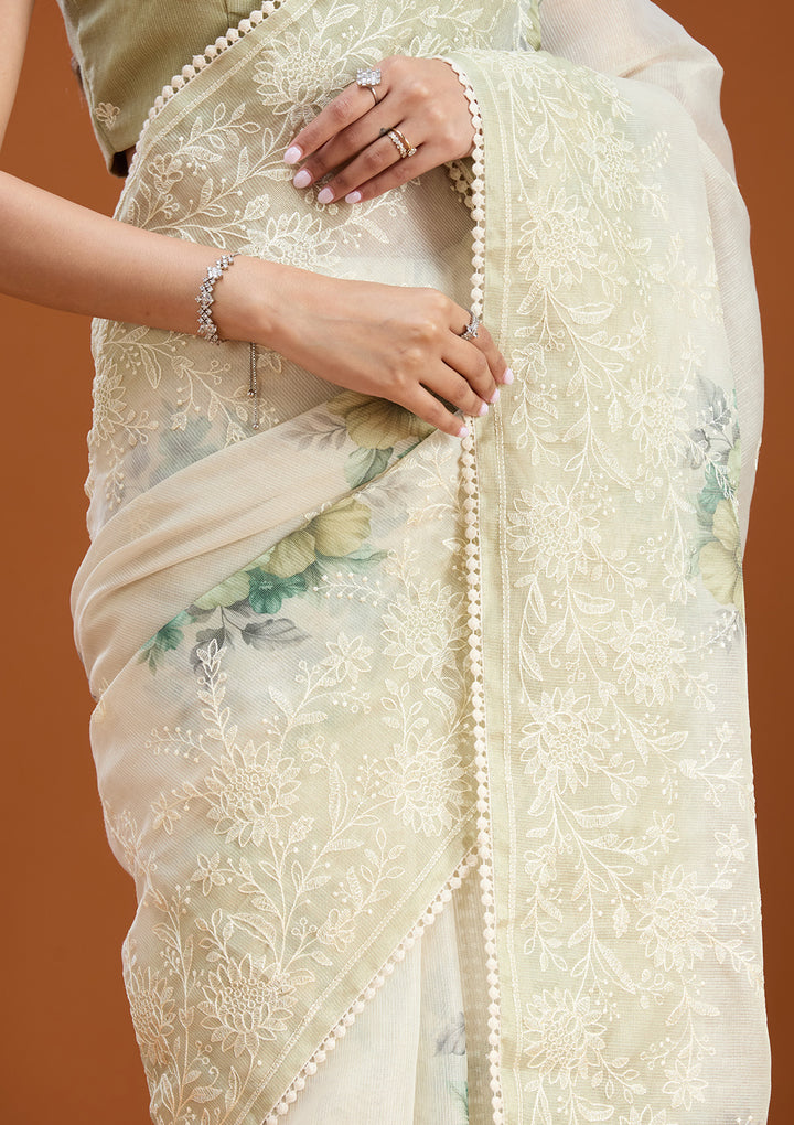 Beige Chanderi Threadwork Saree With Matching Blouse Piece