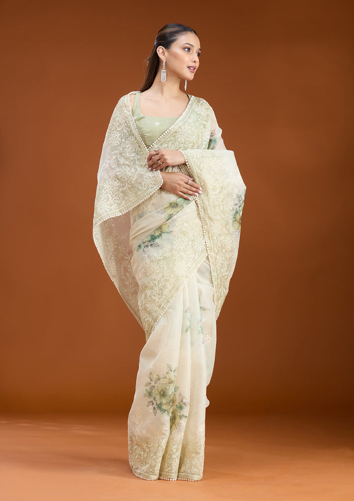 Beige Chanderi Threadwork Saree With Matching Blouse Piece