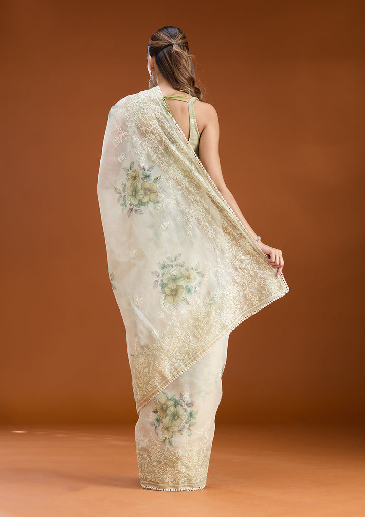 Beige Chanderi Threadwork Saree With Matching Blouse Piece