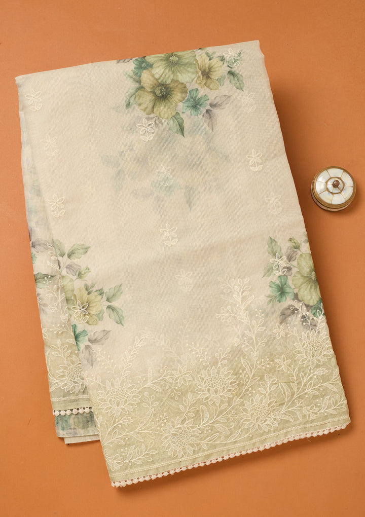 Beige Chanderi Threadwork Saree With Matching Blouse Piece