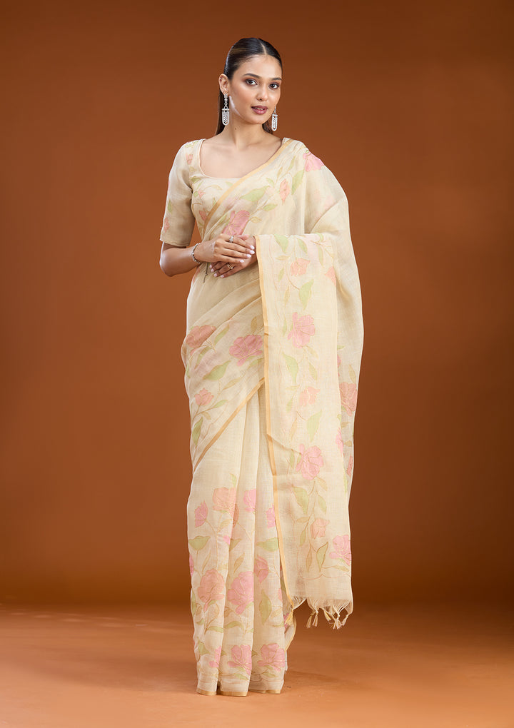 Beige Chanderi Floral Gold Zariwork Saree With Matching Blouse Piece