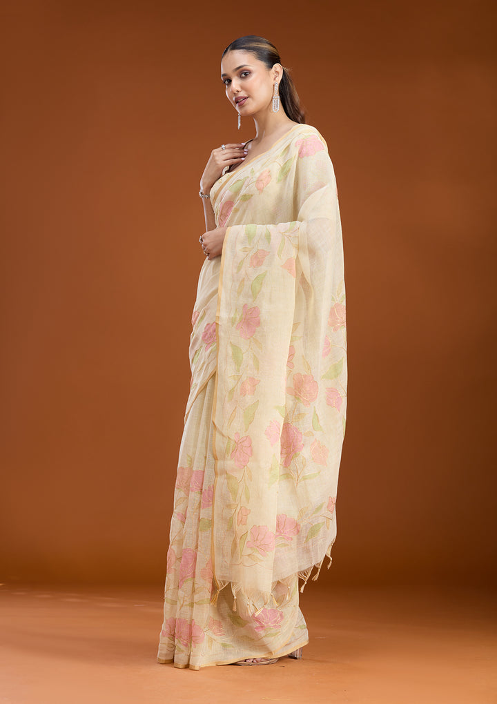 Beige Chanderi Floral Gold Zariwork Saree With Matching Blouse Piece