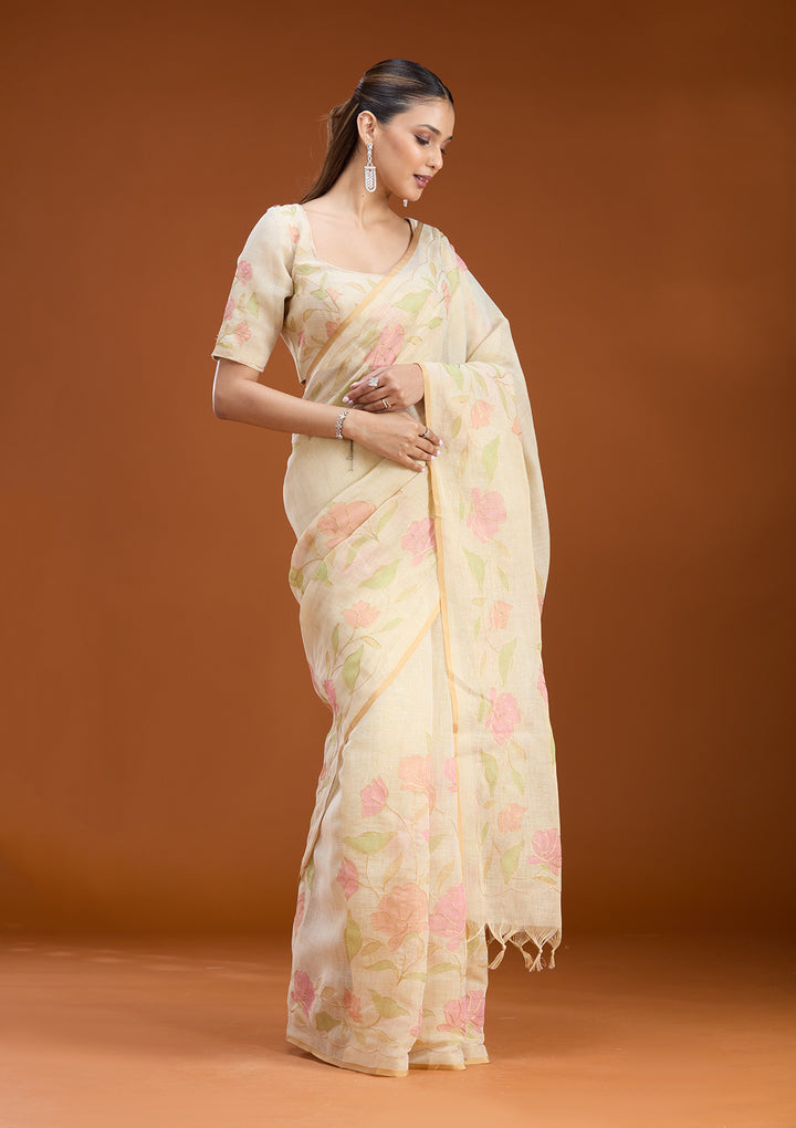 Beige Chanderi Floral Gold Zariwork Saree With Matching Blouse Piece
