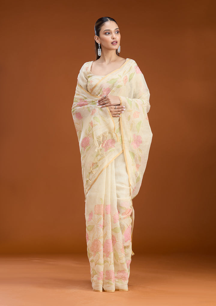 Beige Chanderi Floral Gold Zariwork Saree With Matching Blouse Piece