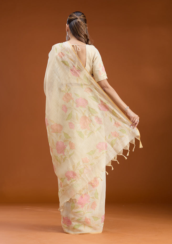 Beige Chanderi Floral Gold Zariwork Saree With Matching Blouse Piece