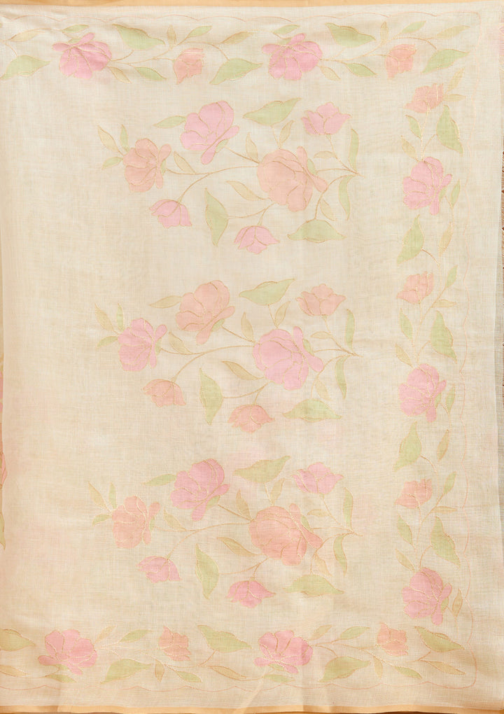 Beige Chanderi Floral Gold Zariwork Saree With Matching Blouse Piece