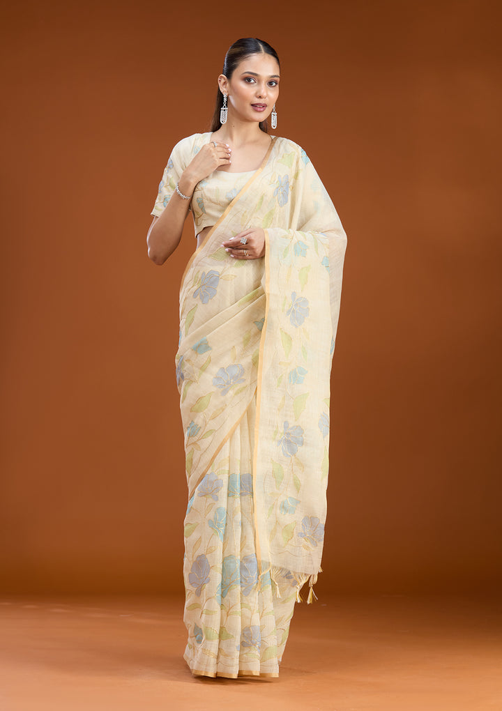 Beige Chanderi Floral Gold Zariwork Saree With Matching Blouse Piece