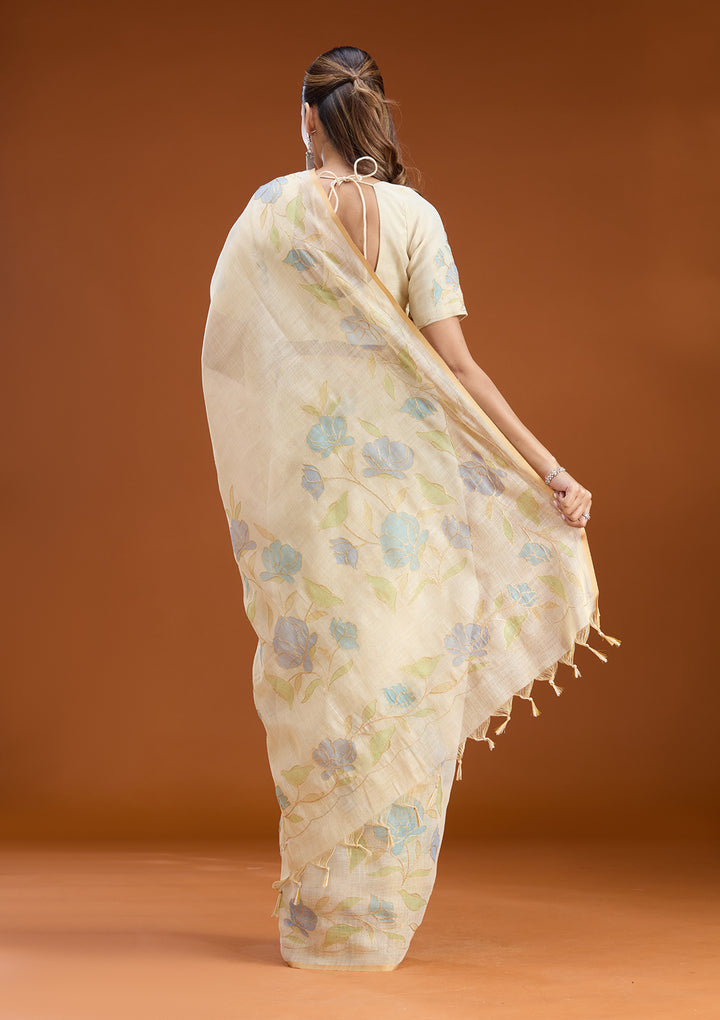 Beige Chanderi Floral Gold Zariwork Saree With Matching Blouse Piece