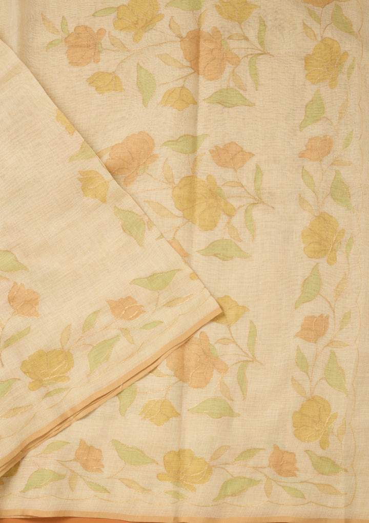 Beige Chanderi Floral Gold Zariwork Saree With Matching Blouse Piece