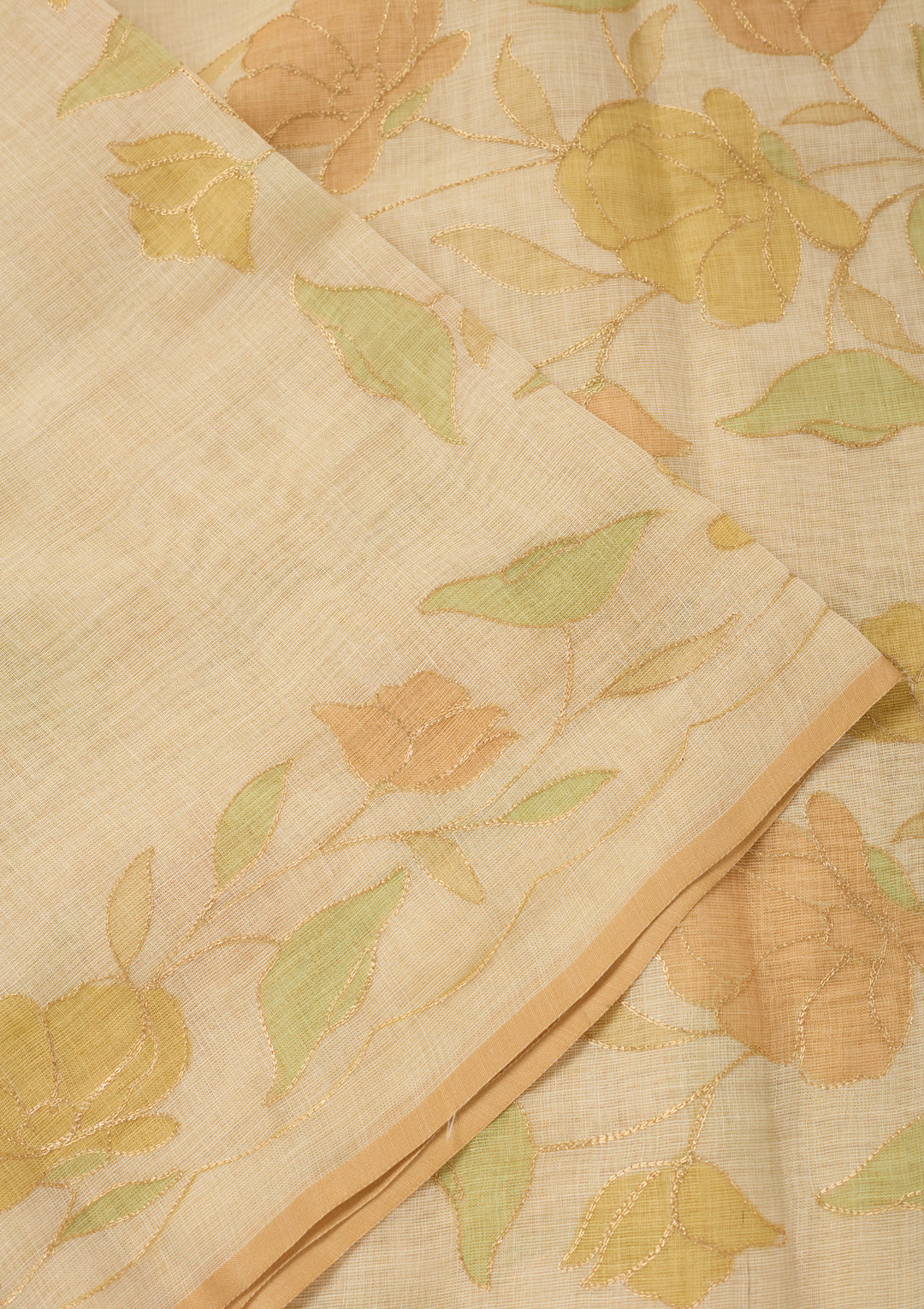 Beige Chanderi Floral Gold Zariwork Saree With Matching Blouse Piece