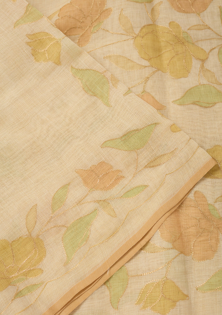 Beige Chanderi Floral Gold Zariwork Saree With Matching Blouse Piece