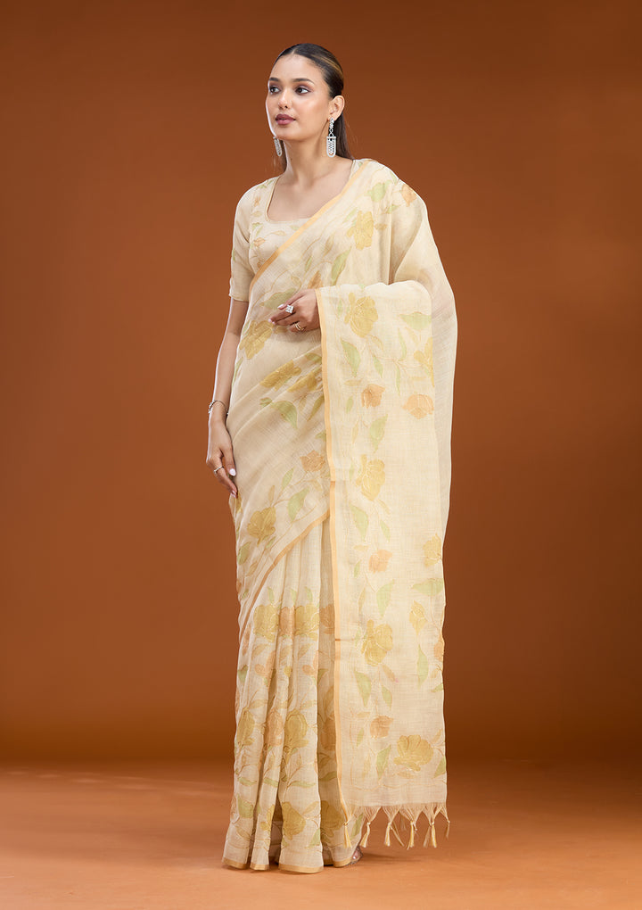 Beige Chanderi Floral Gold Zariwork Saree With Matching Blouse Piece
