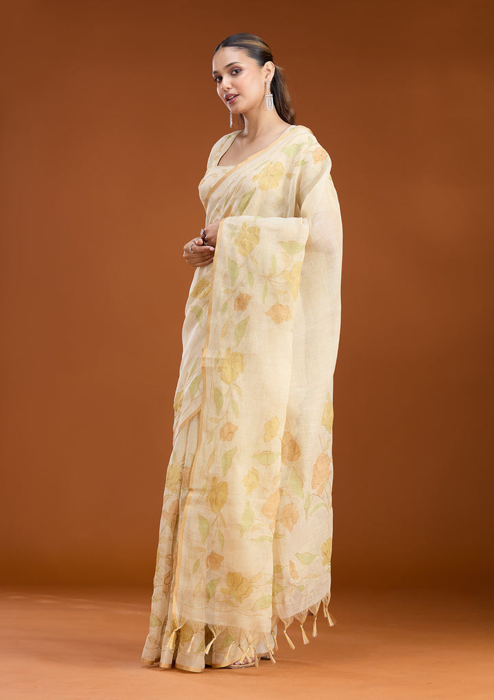 Beige Chanderi Floral Gold Zariwork Saree With Matching Blouse Piece