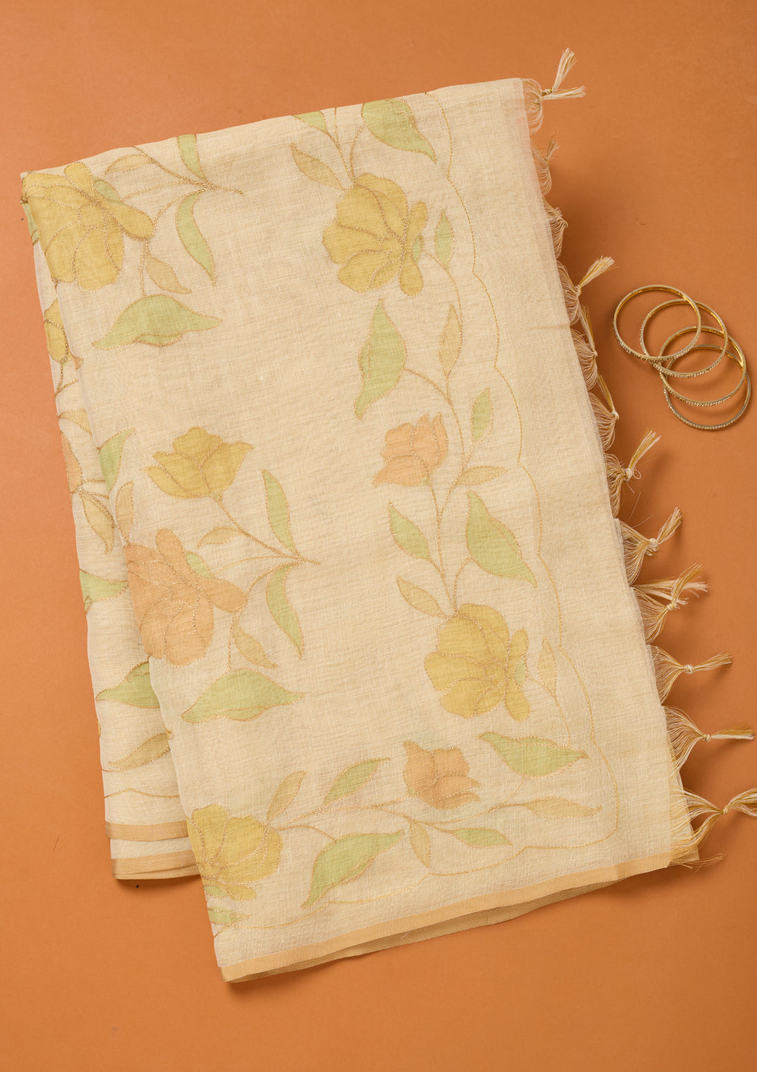 Beige Chanderi Floral Gold Zariwork Saree With Matching Blouse Piece