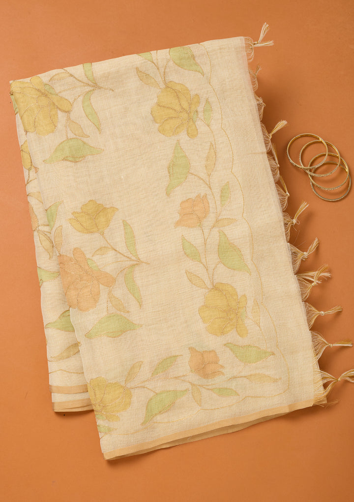 Beige Chanderi Floral Gold Zariwork Saree With Matching Blouse Piece