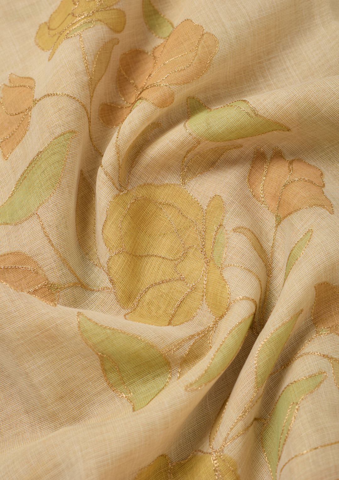 Beige Chanderi Floral Gold Zariwork Saree With Matching Blouse Piece