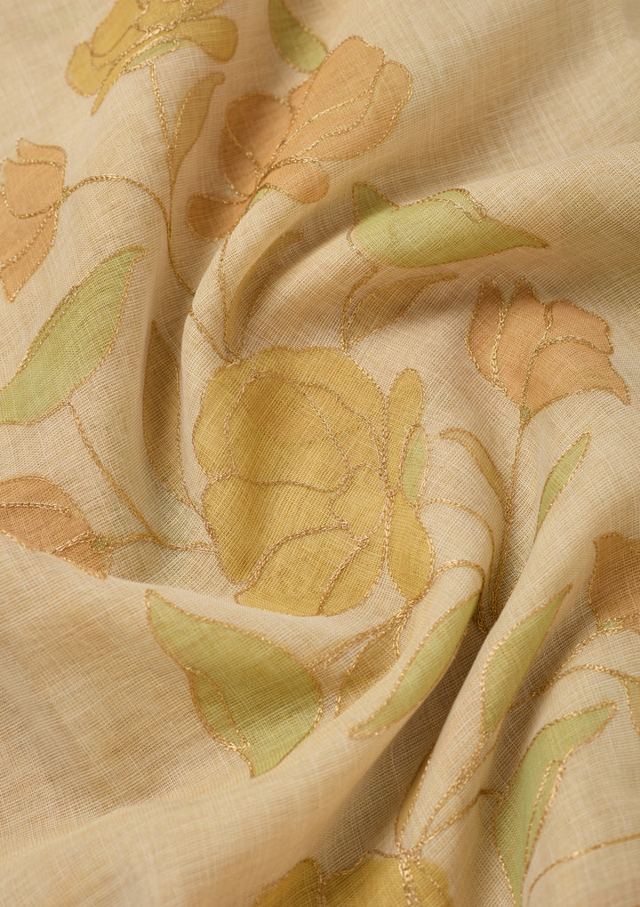 Beige Chanderi Floral Gold Zariwork Saree With Matching Blouse Piece