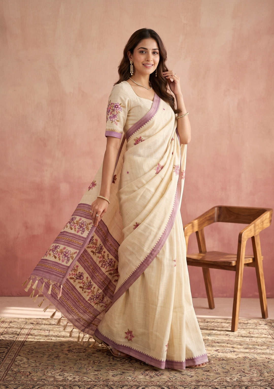 Beige Chanderi Threadwork Saree With Matching Blouse Piece