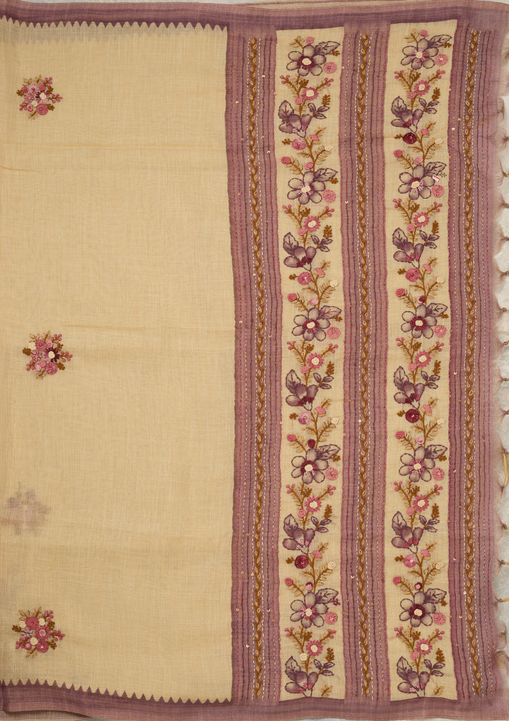 Beige Chanderi Threadwork Saree With Matching Blouse Piece
